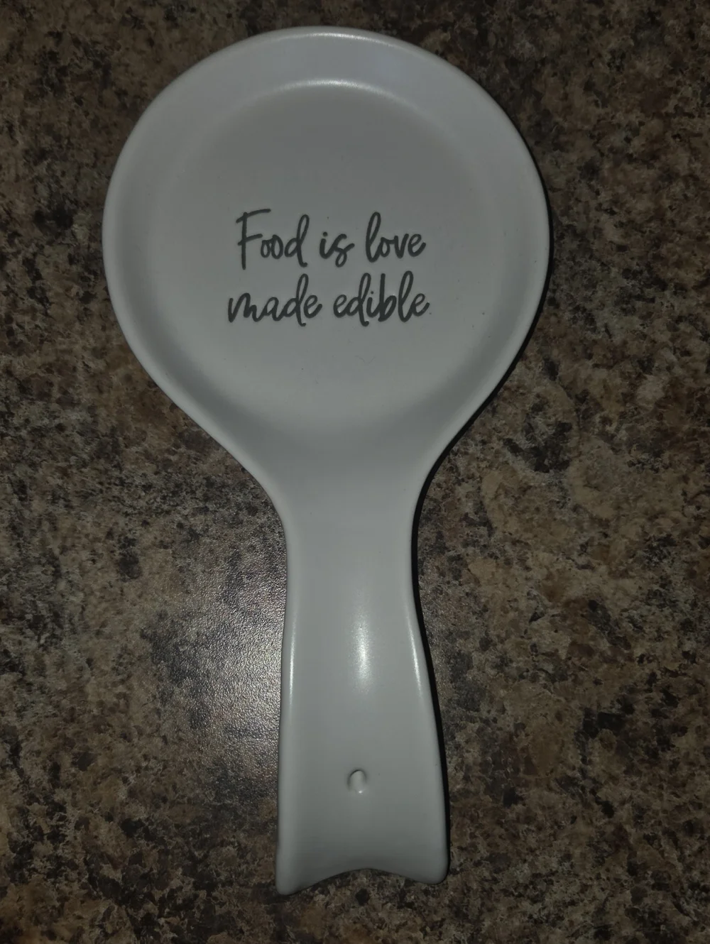 Boston Warehouse White Ceramic Spoon Rest with 'Food is love made edible' Script
